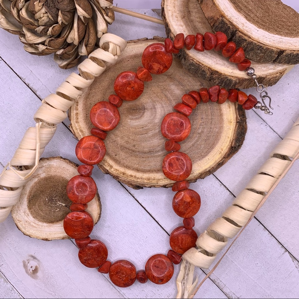 Red coral necklace.
